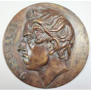 Władysław Oleszczyński (1807-1866) - [medalion, II poł. XIX w.] „J. Słowacki”, Władysław OLESZCZYŃSKI (1807-1866) - [medalion, II poł. XIX w.] „J. Słowacki”; II poł. XIX w./brąz lany, patynowany, średnica 19 cm., głębokość ok. 3,5 cm.