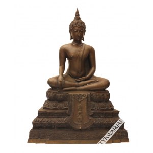 [Tajlandia, Indochiny, XIX-XX w.] Budda siedzący, tzw Rattanakosin, [Tajlandia, Indochiny, XIX-XX w.] Budda siedzący, tzw Rattanakosin; 2 poł. XIX w., pocz. XX w./brąz patynowany, odlew w piasku, wys. 48 cm.