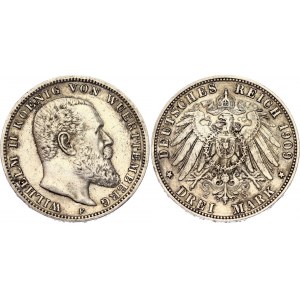 Germany - Empire Wurttemberg 3 Mark 1909 F