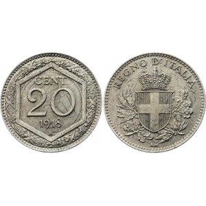 Italy 20 Centesimi 1918 R Error Double Die