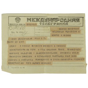 Telegram z życzeniami wysłany do Moskwy do wicewojewody pilskiego od sekretarza KW PZPR w Pile Alfreda Kowalskiego