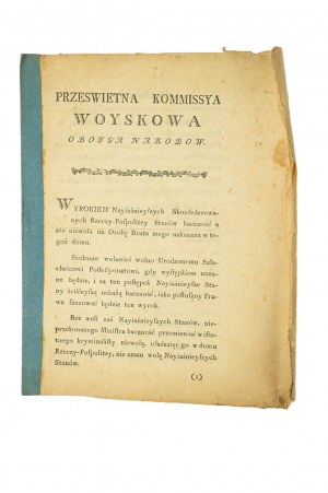 Kalikst Walenty Poniński - Prześwietna Kommissya Woyskowa Oboyga Narodów, Warszawa 8 lipca 1789r.