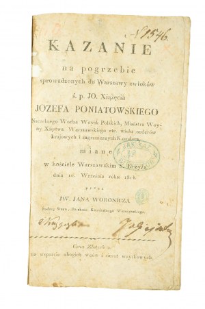 Kazanie na pogrzebie ś.p. JO Xsiążęcia Józefa Poniatowskiego miane 10 września 1814 przez Jana Woronicza