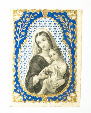 [XIXw.] Obrazek święty Matka Boska z Dzieciątkiem Jezus, złocona ramka, 8,5 x 11,5cm