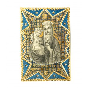 [XIXw.] Obrazek święty z Matką Boską i Dzieciątkiem Jezus , bogato zdobiony i złocony, f. 7,3 x 10,8cm, [1864r.]