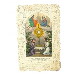 [XIXw.] Obrazek święty, koronkowy, w kolorze Święty Sakrament Ołtarza, f. 7 x 10,5cm