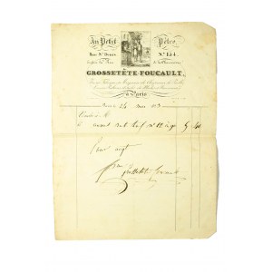 [XIXw.] Rachunek, datowany 24 maj 1833r. z An Petit Petre fabryki i magazynu kapeluszy słomkowych, jedwabnych wstążek i nowoczesnej mody z paryskiego Saint Denis