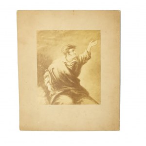 Fotografia przedstawiająca Adama Mickiewicza z lirą w prawej ręce i wyciągniętą lewą dłonią ku niebu