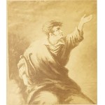Fotografia przedstawiająca Adama Mickiewicza z lirą w prawej ręce i wyciągniętą lewą dłonią ku niebu