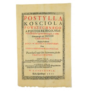 Winieta tytułowa Postylla Kościoła Powszechnego Apostolskiego, 1611r. w Łaszczowie - przerys Wł. Bartynowskiego z końca XIX wieku