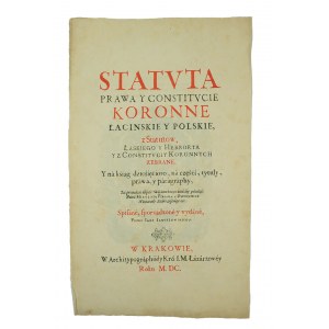 Winieta tytułowa Statuta prawa y Constitucie Koronne łacinskie y polskie, Orzeł Polski w herbem Wazów na piersi w otoczeniu herbów ziemskich w wieńcu i na sztandarch, Drukarnia Łazarzowa, Kraków 1600r. - przerys Wł. Bartynowskiego z końca XIX wieku