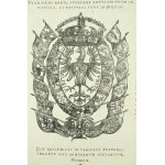 Winieta tytułowa Statuta prawa y Constitucie Koronne łacinskie y polskie, Orzeł Polski w herbem Wazów na piersi w otoczeniu herbów ziemskich w wieńcu i na sztandarch, Drukarnia Łazarzowa, Kraków 1600r. - przerys Wł. Bartynowskiego z końca XIX wieku