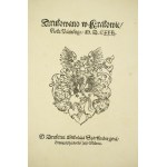 SZARFENBERG Mikołaj - sygnet drukarni użyty m.in.: Konstytucje, Statuty i Przywileje na Walnych Sejmach koronnych od 1550 aż do 1578 uchwalonych, Kraków 1579 - przerys Wł. Bartynowskiego z końca XIX wieku