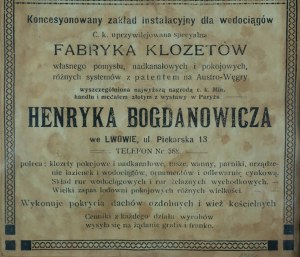 Ciekawa reklama Fabryki Klozetów Henryka Bogdanowicza, Lwów ul. Piekarska 13, [przed 1918r.]