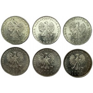 200 złotych 1976, 1000 złotych 1983 - zestaw 6 sztuk