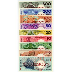 MIASTA POLSKIE - kompletny zestaw - 1, 2, 5, 10, 20, 50, 100, 200, 500 złotych emisji 1 marca 1990 - NIEOBIEGOWY