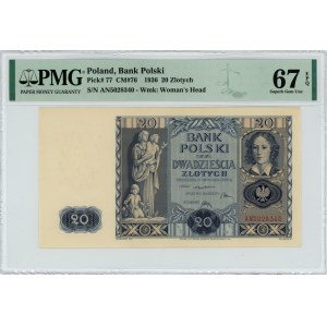 20 złotych 1936 - seria AN - PMG 67 EPQ - MAX NOTA