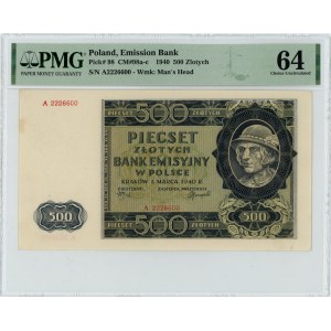 500 złotych 1940 - A - PMG 64 - ciekawa numeracja 2226600