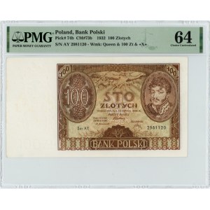 100 złotych 1932 - Ser. AY. - dodatkowy znak wodny +X+ - PMG 64