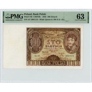 100 złotych 1932 - Ser. AY. - dodatkowy znak wodny +X+ - PMG 63