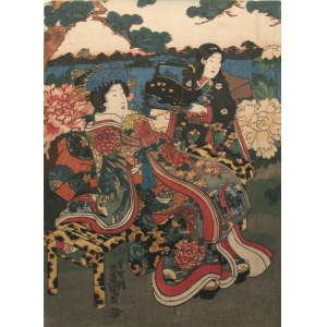 Utagawa Kunisada (1786-1865), Gejsza i maiko w ogrodzie piwonii, 1847