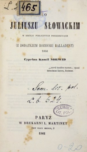 C.K. NORWID – O Juliuszu Słowackim. 1861.
