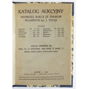 Aukčný katalóg prvej aukcie z vlastnej zbierky Ing. J[ózefa] Tuleju. Ľvov 1930. vlastné vydanie. 8, s. 64, tabl....