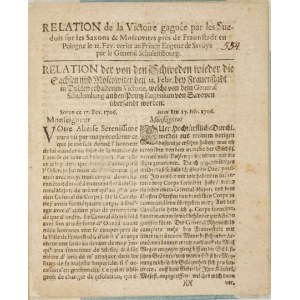 SCHULENBURG [Johann Mathias] - Relation de la Victoire gagnée par les Suedois sur les Saxons &amp; Moscovites prés de Frauns....