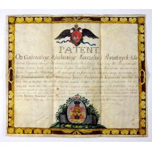 [POTVRDENIE šľachtictva]. Pergamenový diplom (patent) s vyobrazením erbu vydaný Guberniálnym šľachtickým...