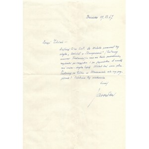 [IWASZKIEWICZ Jaroslaw]. A handwritten short letter from Jaroslaw Iwaszkiewicz to Zdzislaw Najder regarding the publication of a narrative...
