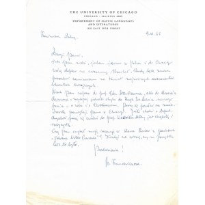 [KUNCEWICZOWA Maria]. A handwritten letter from Maria Kuncewiczowa to Zdzislaw Najder regarding m.in....