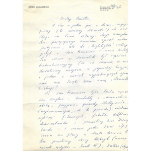 [MARIANOWICZ Antoni]. Handwritten letter from Antoni Marianowicz to Zdzislaw Najder describing his impressions of his stay in the USA,...