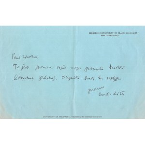 [Czesław MILOSZ]. Krátky ručne písaný list Czesława Miłosza Zdzisławovi Najderovi, nedatované (1969),...