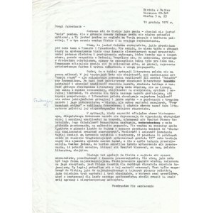 (NAJDER Zdzisław). Maschinenschriftliche Kopie eines Briefes von Zdzisław Najder an Jarosław Iwaszkiewcz, unsigniert,...
