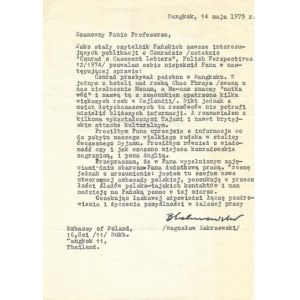 [ZAKRZEWSKI Boguslaw]. Two typescript letters from the Polish ambassador in Thailand to Zdzislaw Najder regarding the stay of Co...