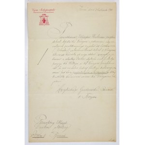 [STABLEWSKI Florian]. Vlastnoručný podpis hniezdenského a poznanského arcibiskupa pod rukopisným listom adresovaným...