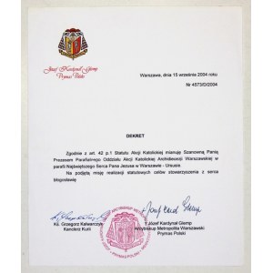 [GLEMP Józef]. Vlastnoruční podpis primasa Józefa Glempa pod tištěným dekretem, který je nominací na předsedu farního o...