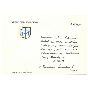 [MACHARSKI Franciszek]. Ručne písaný krátky list kardinála Franciszka Macharského na korešpondenčnom lístku,...