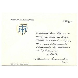 [MACHARSKI Franciszek]. Handwritten short letter by Cardinal Franciszek Macharski on correspondence card,...