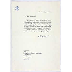 [DZIWISZ Stanislaw]. Handwritten signature of Rev. Stanislaw Dziwisz, then secretary to Pope John Paul II, on a typed letter,...
