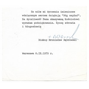 [DĄBROWSKI Bronisław]. Odręczny podpis biskupa warszawskiego Bronisława Dąbrowskiego pod maszynopisowym listem,...