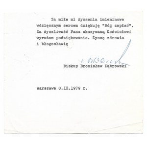 [DĄBROWSKI Bronisław]. Handwritten signature of Bronislaw Dabrowski, Bishop of Warsaw, under a typed letter,...