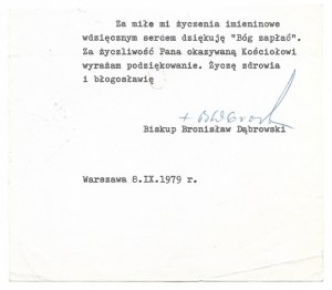 [DĄBROWSKI Bronisław]. Odręczny podpis biskupa warszawskiego Bronisława Dąbrowskiego pod maszynopisowym listem,...