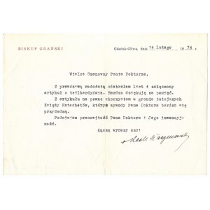 [KACZMAREK Lech]. Handwritten signature of the Bishop of Gdansk Lech Kaczmarek under a typed letter,...