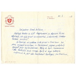 [ROZWADOWSKI Józef]. Handwritten letter of Bishop of Lodz Józef Rozwadowski, dat....