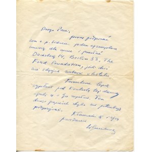 [GOMBROWICZ Witold]. Rukopisný list Witolda Gombrowicza nemenovanej Jadwige Kukułczanke v Berlíne pravda...