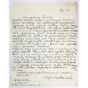 [KOSSAK-SZCZUCKA Zofia]. Rukopisný dopis Zofie Kossak-Szczucky nejmenovanému profesoru Władysławu Konopcovi...