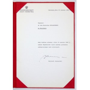 [JARUZELSKI Wojciech]. Wojciech Jaruzelski's signature as Chairman of the Council of State on his nomination as supervising professor of...