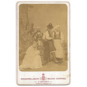 [KRAKOW - group in regional costumes from around Krakow - posed photograph in cabinet format]. [before 1880]...