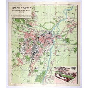 [POZNAŃ]. Plan of the city of Poznan and a bird's eye view of the General National Exhibition. Color plan form. 61,1x51,...